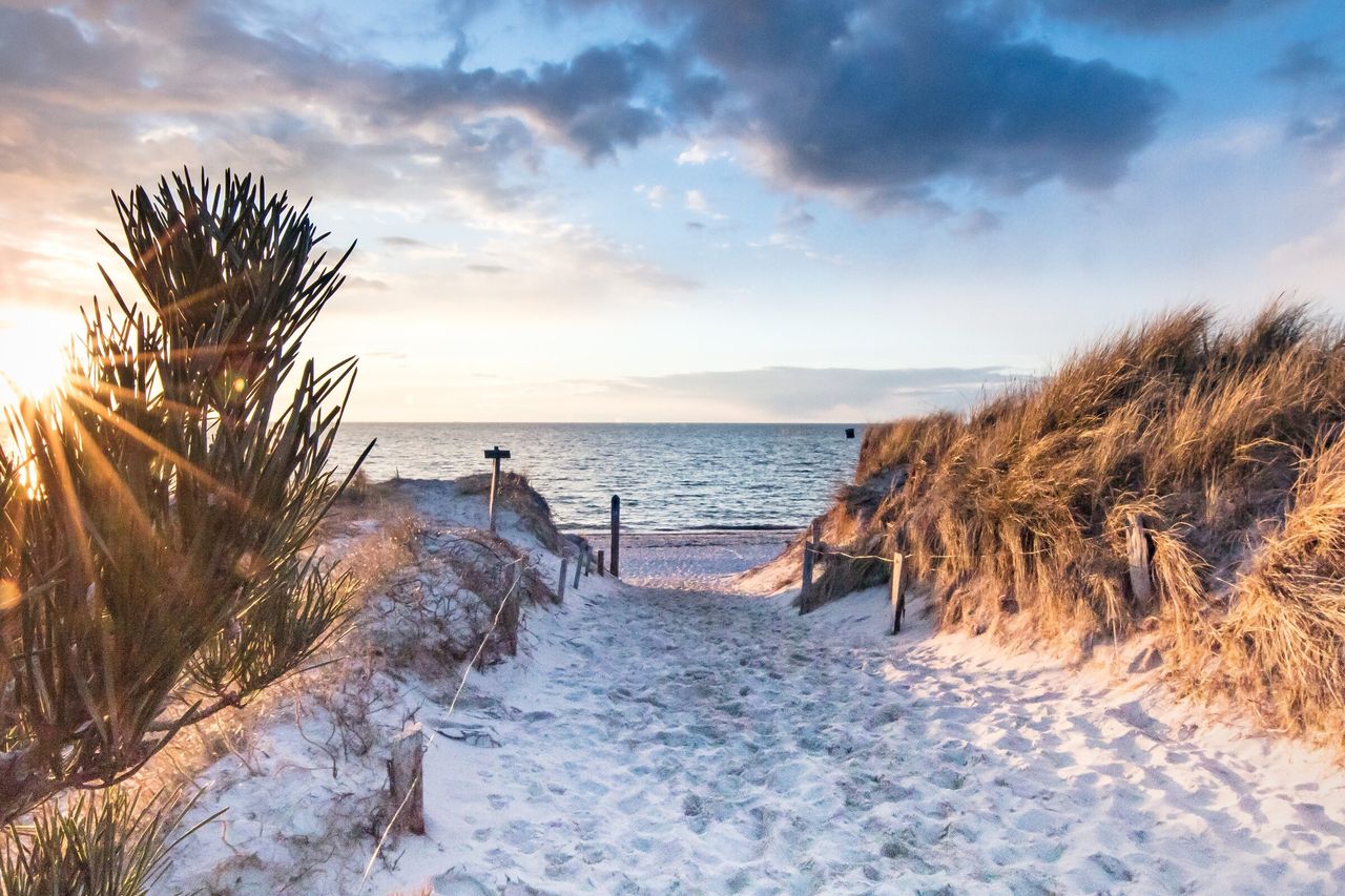 Sandweg durch die Dünen zum Meer, die Sonne steht tief